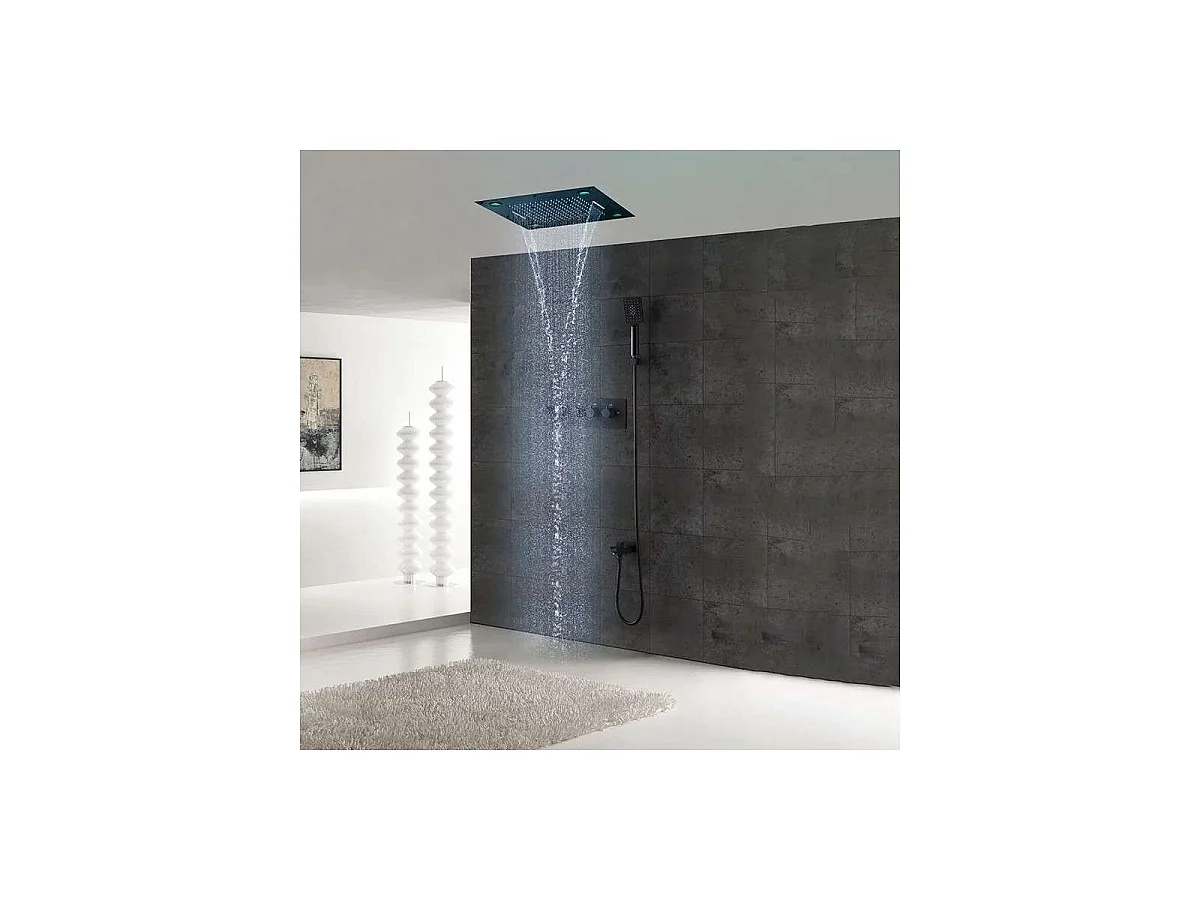 Moderne schwarze matte Regenduschkopf 600 x 600 mm LED Thermostat-Mischer | Reno
