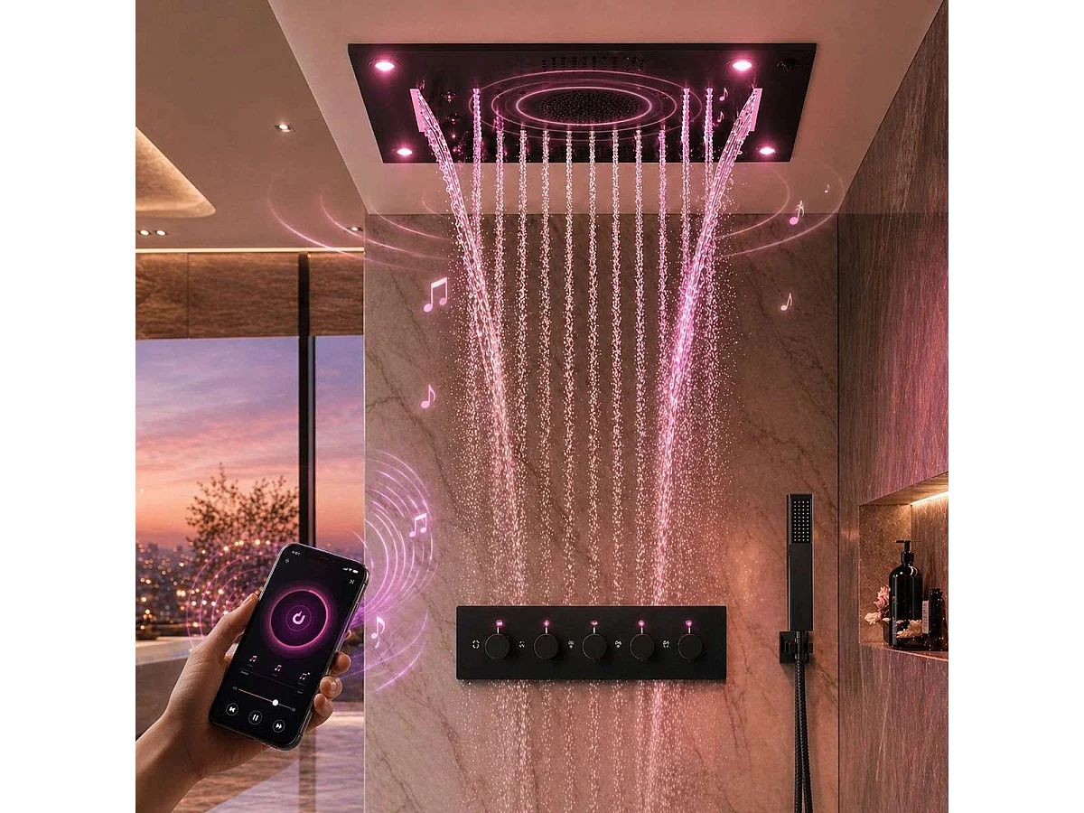 🛁 Composition de douche ciel de pluie connecté 600 x 600 mm LED noir mat | Réno