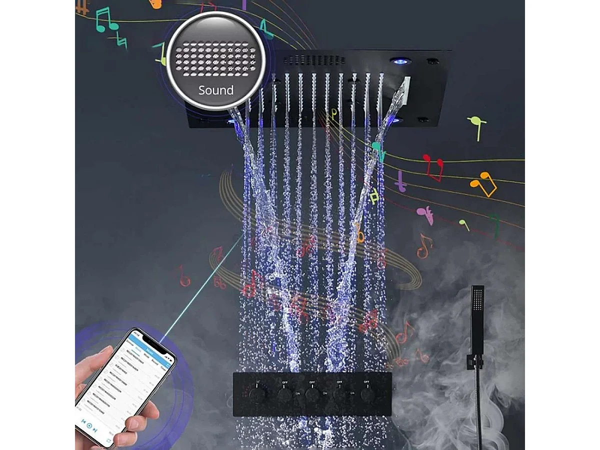 🛁 Composition de douche ciel de pluie connecté 600 x 600 mm LED noir mat | Réno