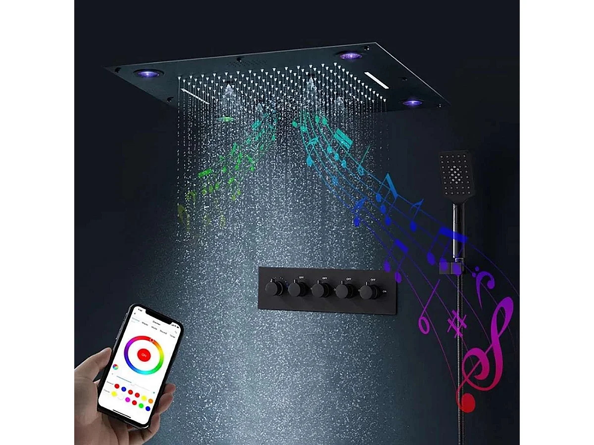 🛁 Composition de douche ciel de pluie connecté 600 x 600 mm LED noir mat | Réno