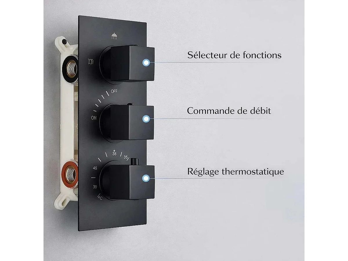Modernes Schwarzes Mattes Thermostatisches Einbau-Duschset mit 3 Funktionen - Hanoi