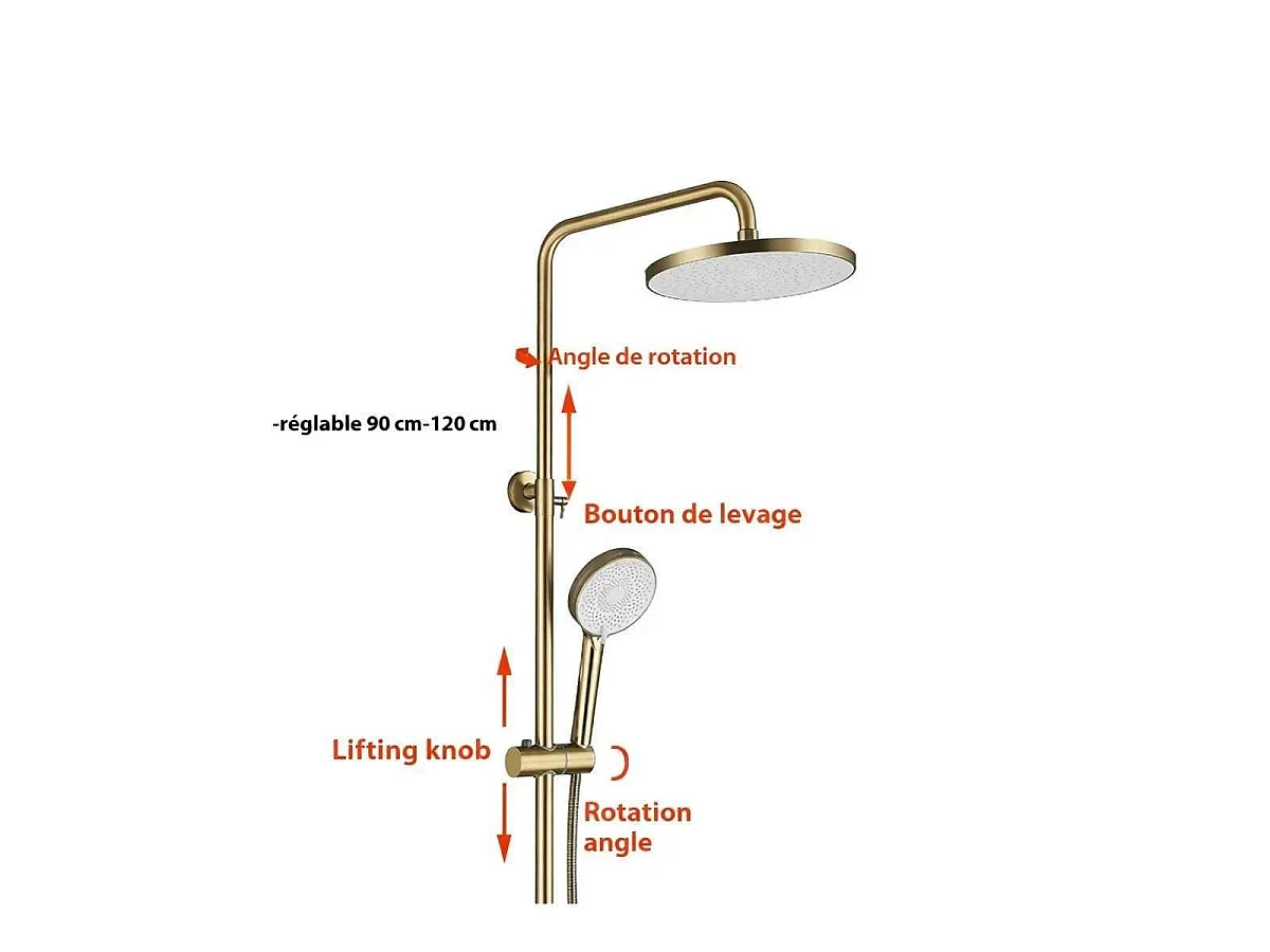 🚿 Colonne de douche dorée "Nacho" – Mitigeur, 3 fonctions et hauteur réglable