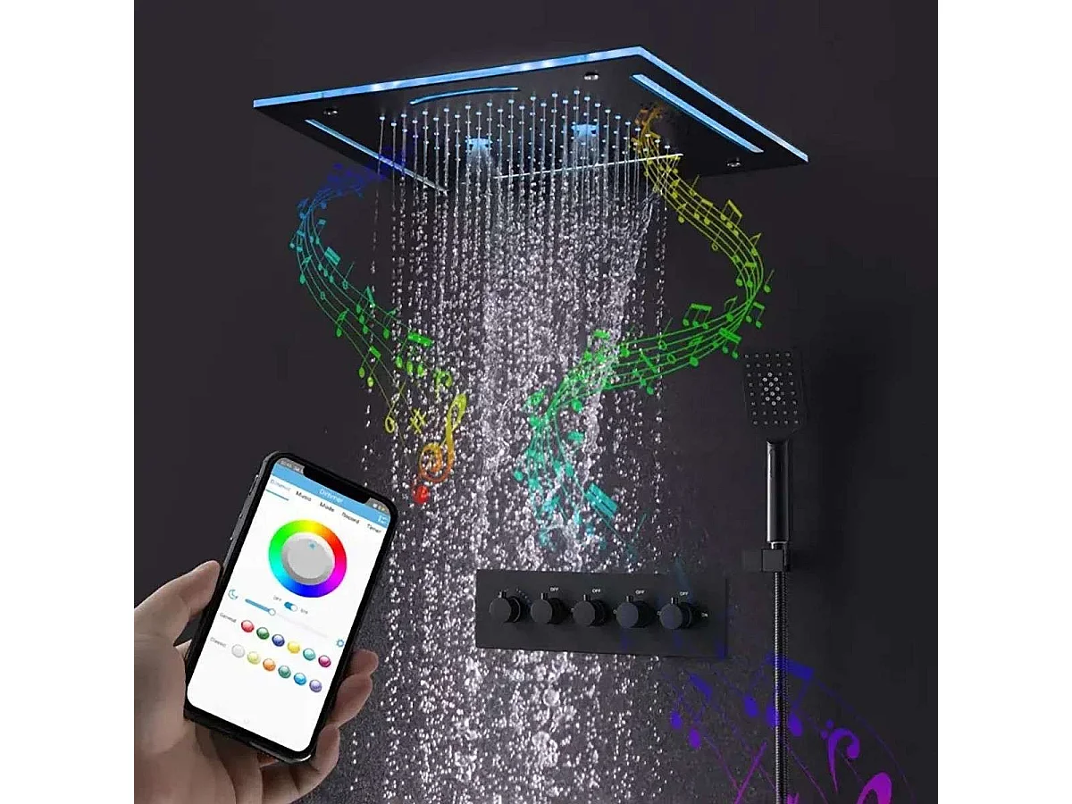 Conjunto de Chuveiro Moderno Preto com Luzes LED | Misturador Termostático Torp 400 x 400 mm