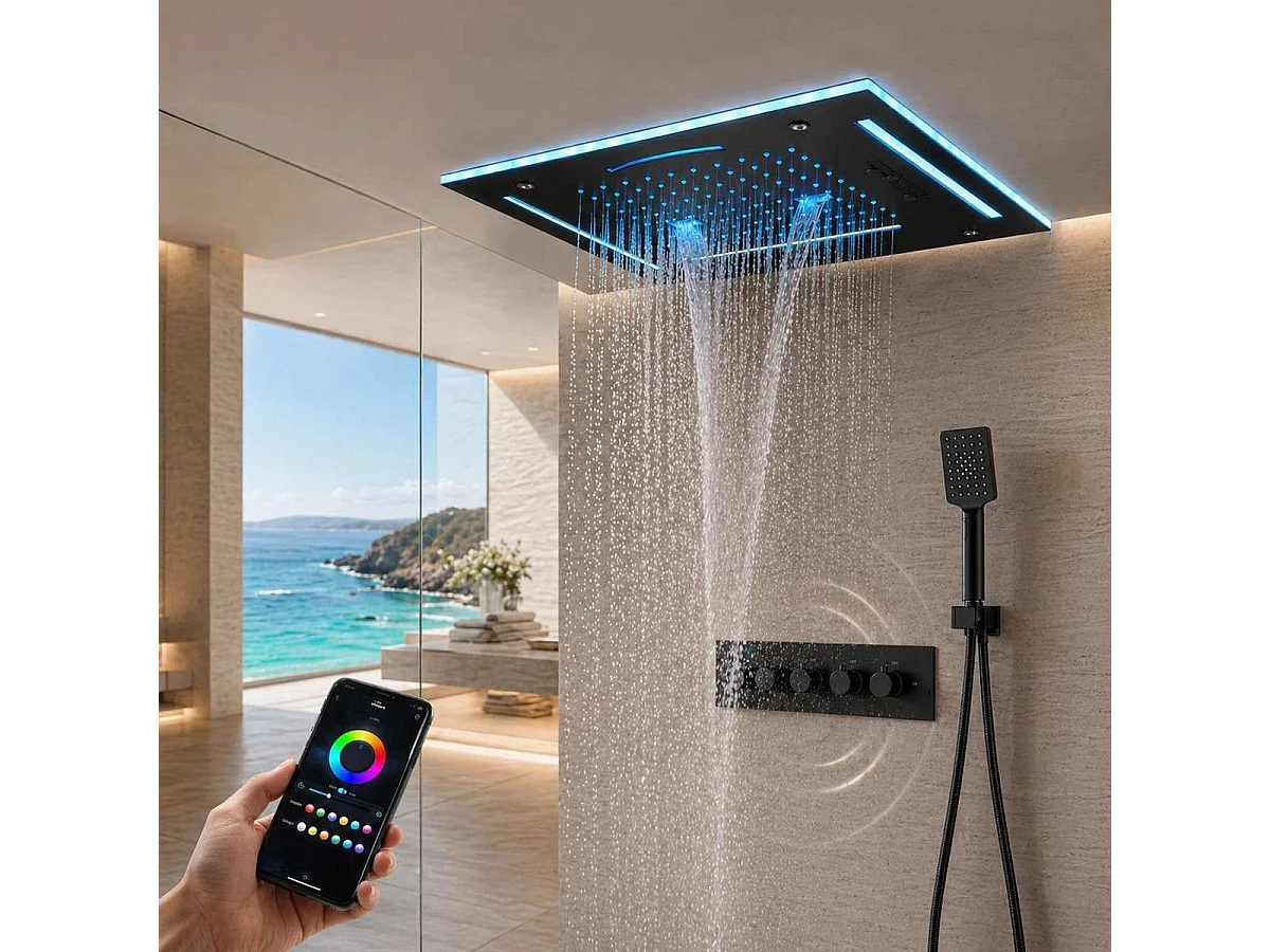 Conjunto de Chuveiro Moderno Preto com Luzes LED | Misturador Termostático Torp 400 x 400 mm