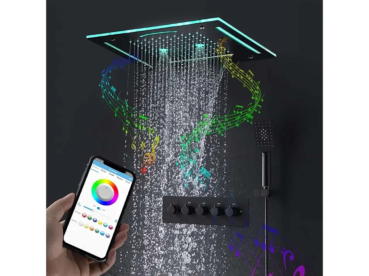 Conjunto de Chuveiro Moderno Preto com Luzes LED | Misturador Termostático Torp 400 x 400 mm