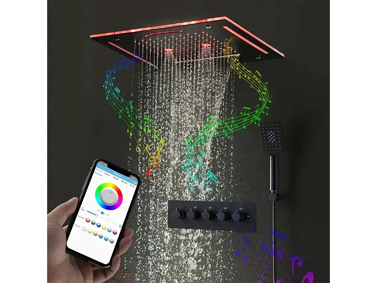 Conjunto de Chuveiro Moderno Preto com Luzes LED | Misturador Termostático Torp 400 x 400 mm