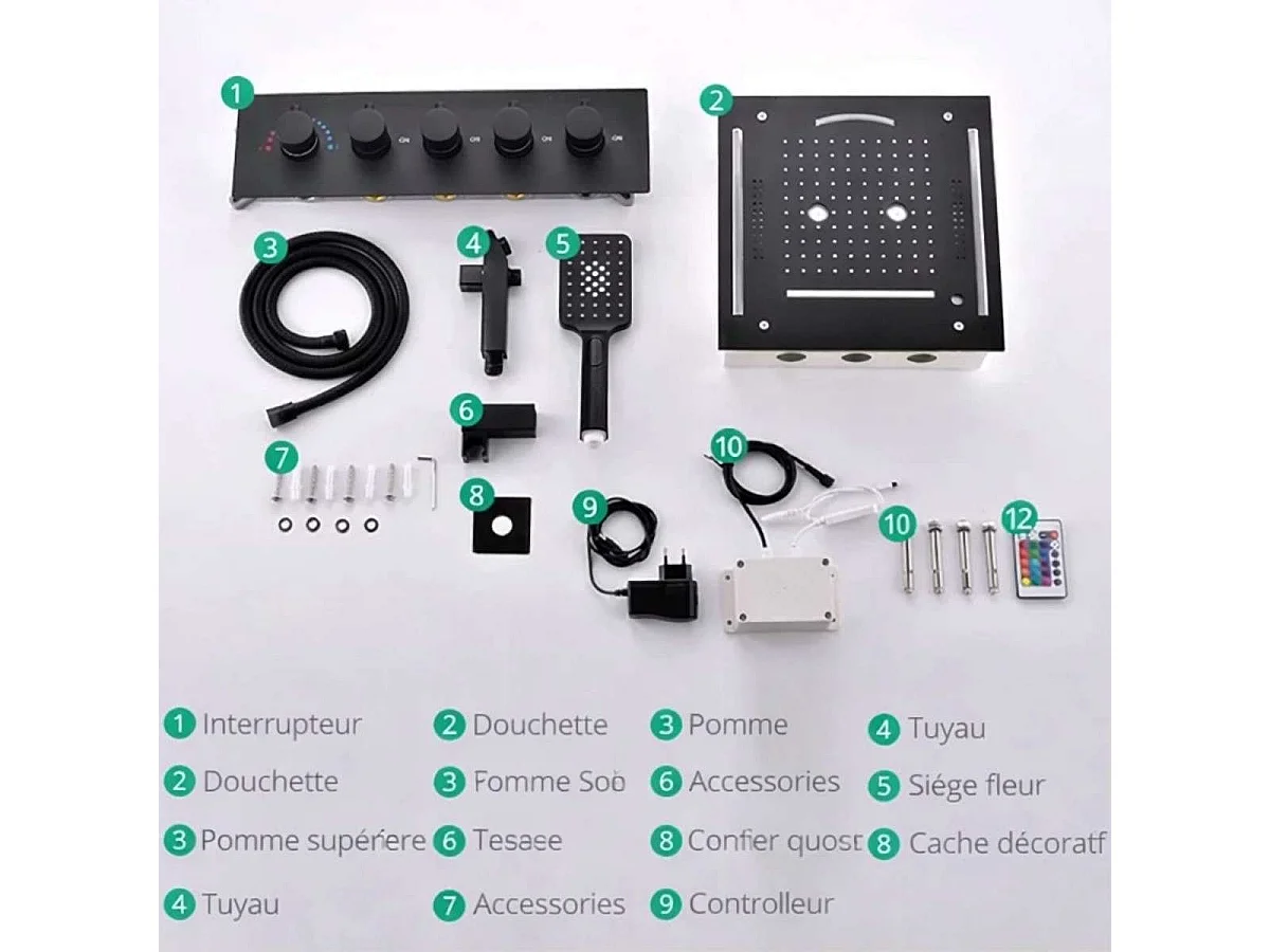 Conjunto de Chuveiro Moderno Preto com Luzes LED | Misturador Termostático Torp 400 x 400 mm