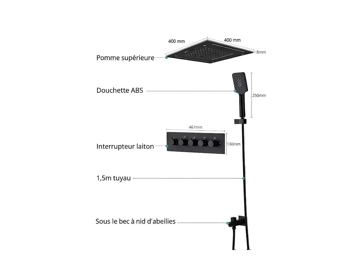 Conjunto de Chuveiro Moderno Preto com Luzes LED | Misturador Termostático Torp 400 x 400 mm