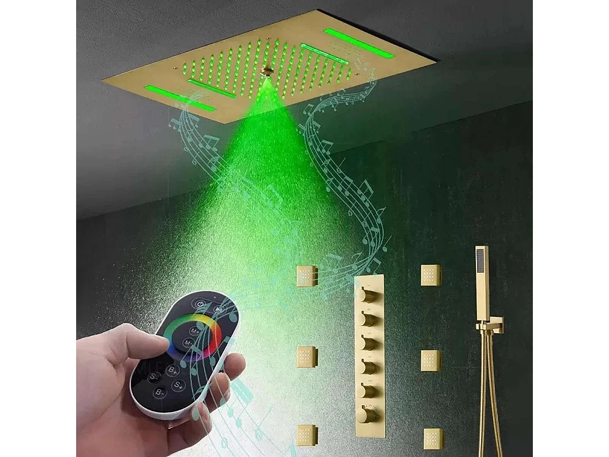 Jakarta – Système de douche à effet pluie doré avec éclairage LED intégré et jets d'hydromassage.