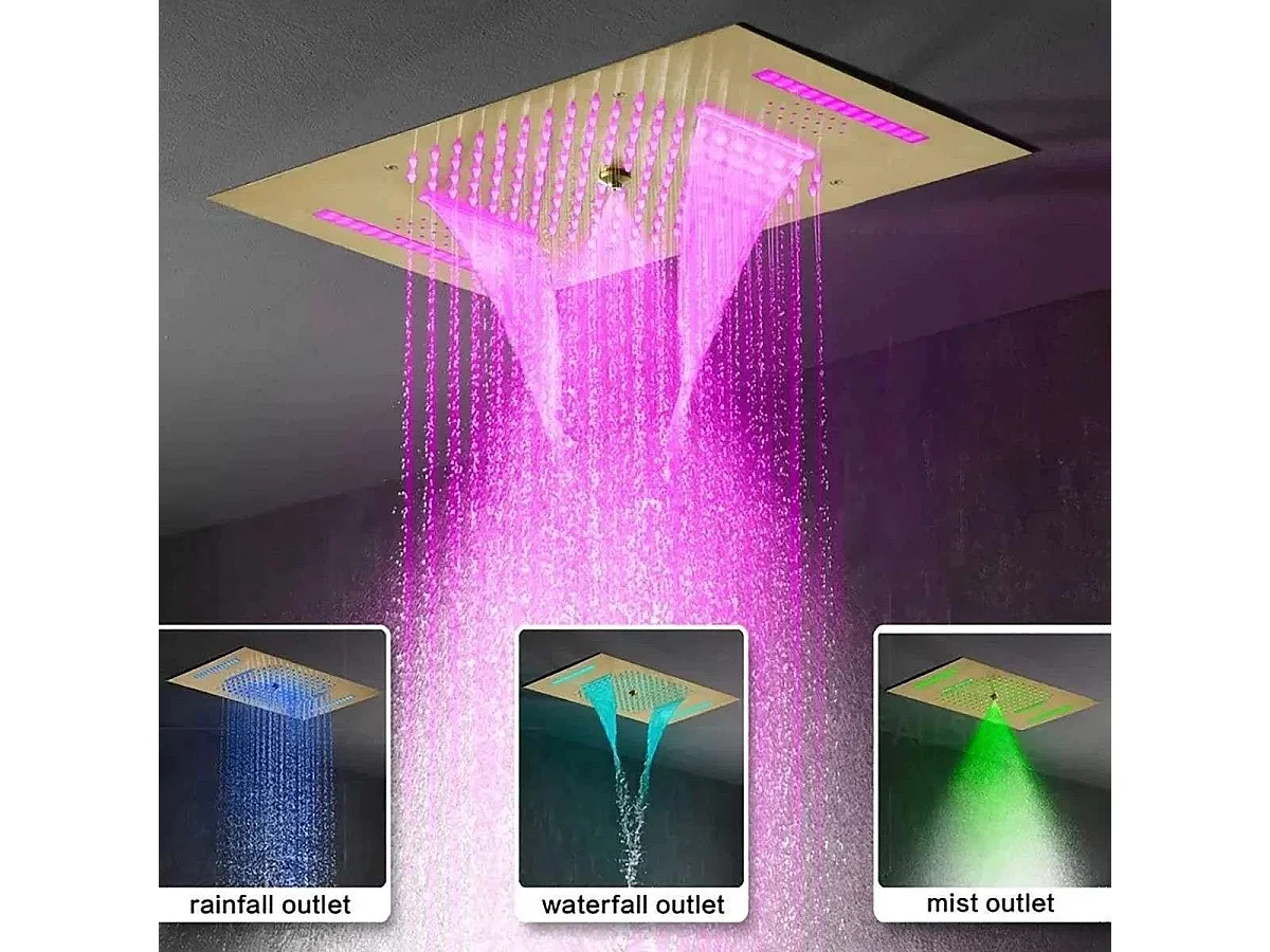 Jakarta – Système de douche à effet pluie doré avec éclairage LED intégré et jets d'hydromassage.