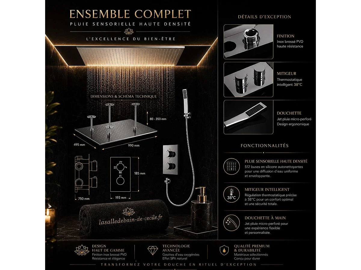 🌀 Ciel de pluie XXL LED 1000 x 500 mm, composition de douche thermostatique | Ultron