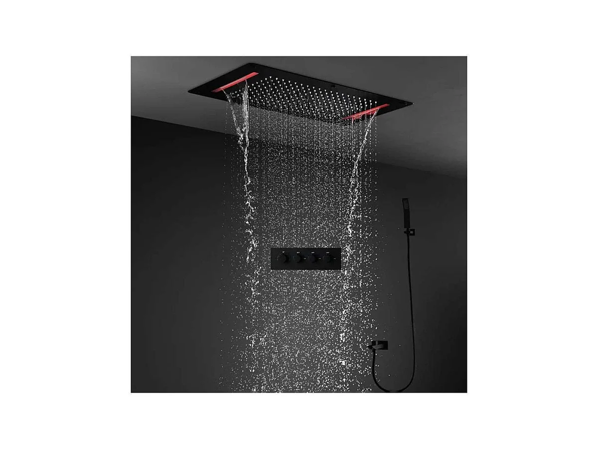 Pomme de douche effet pluie Roma noire avec LED 700 x 380 mm 👉 5 fonctions pour un confort de douche exceptionnel