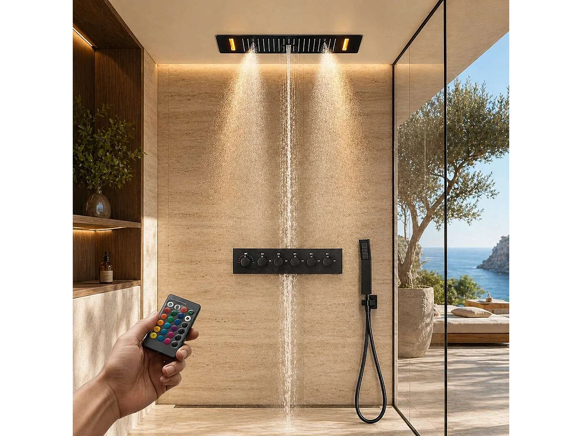 Pomme de douche effet pluie Roma noire avec LED 700 x 380 mm 👉 5 fonctions pour un confort de douche exceptionnel