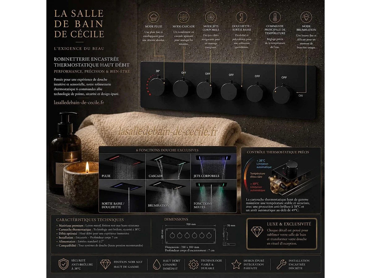 Pomme de douche effet pluie Roma noire avec LED 700 x 380 mm 👉 5 fonctions pour un confort de douche exceptionnel