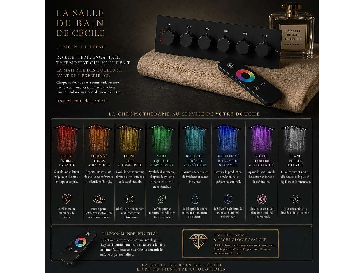 Pomme de douche effet pluie Roma noire avec LED 700 x 380 mm 👉 5 fonctions pour un confort de douche exceptionnel