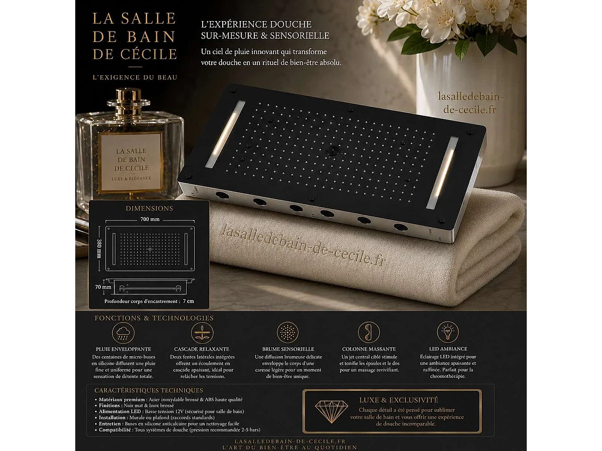 Pomme de douche effet pluie Roma noire avec LED 700 x 380 mm 👉 5 fonctions pour un confort de douche exceptionnel