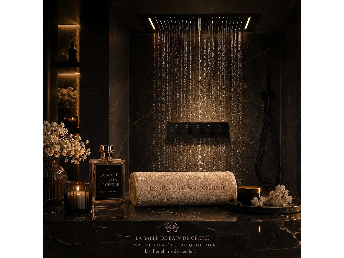 Pomme de douche effet pluie Roma noire avec LED 700 x 380 mm 👉 5 fonctions pour un confort de douche exceptionnel