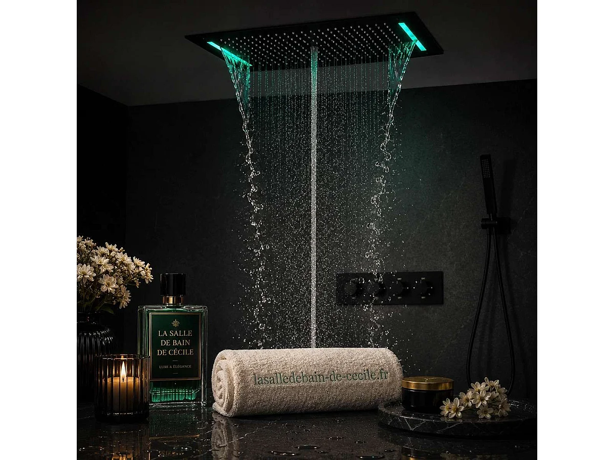 Pomme de douche effet pluie Roma noire avec LED 700 x 380 mm 👉 5 fonctions pour un confort de douche exceptionnel