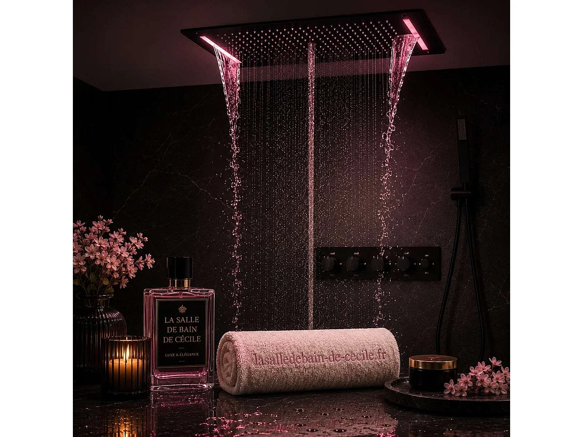 Pomme de douche effet pluie Roma noire avec LED 700 x 380 mm 👉 5 fonctions pour un confort de douche exceptionnel