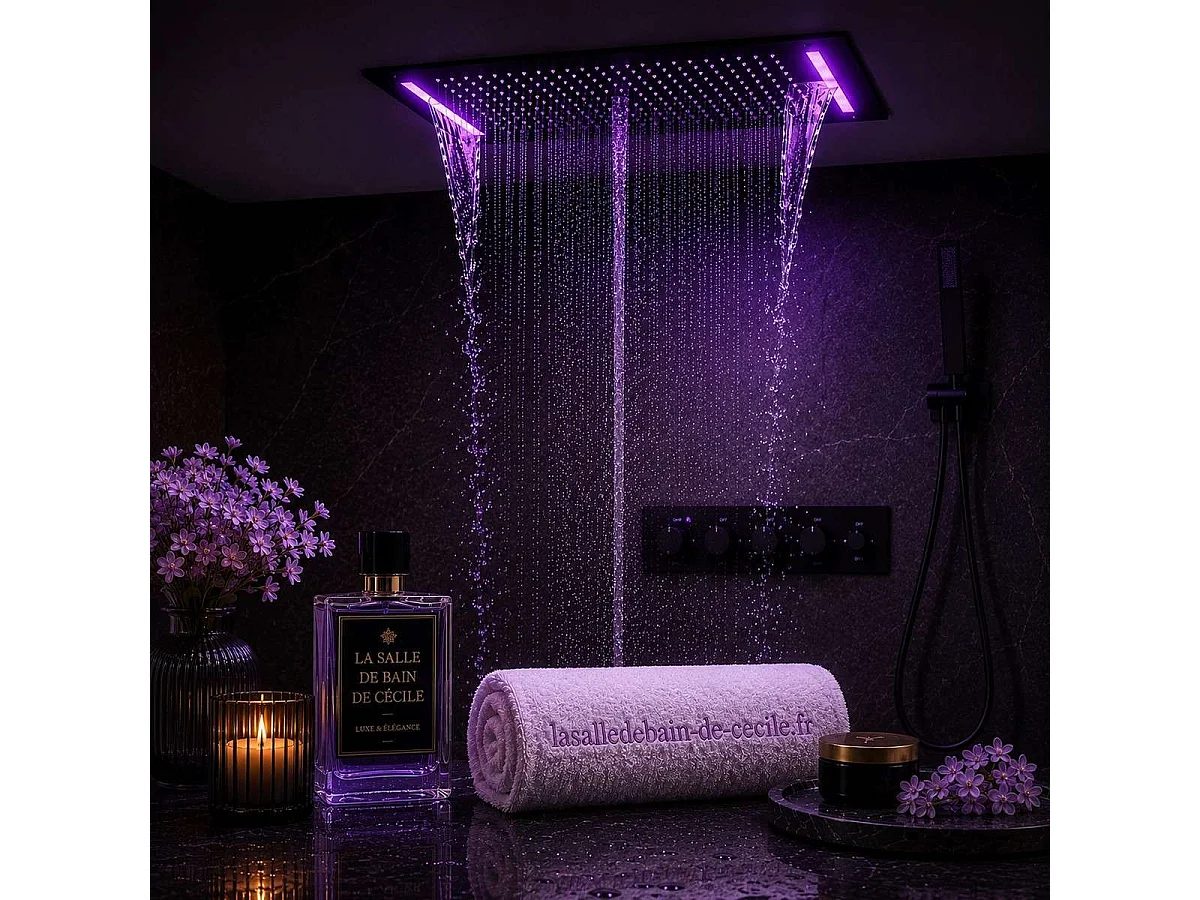 Pomme de douche effet pluie Roma noire avec LED 700 x 380 mm 👉 5 fonctions pour un confort de douche exceptionnel