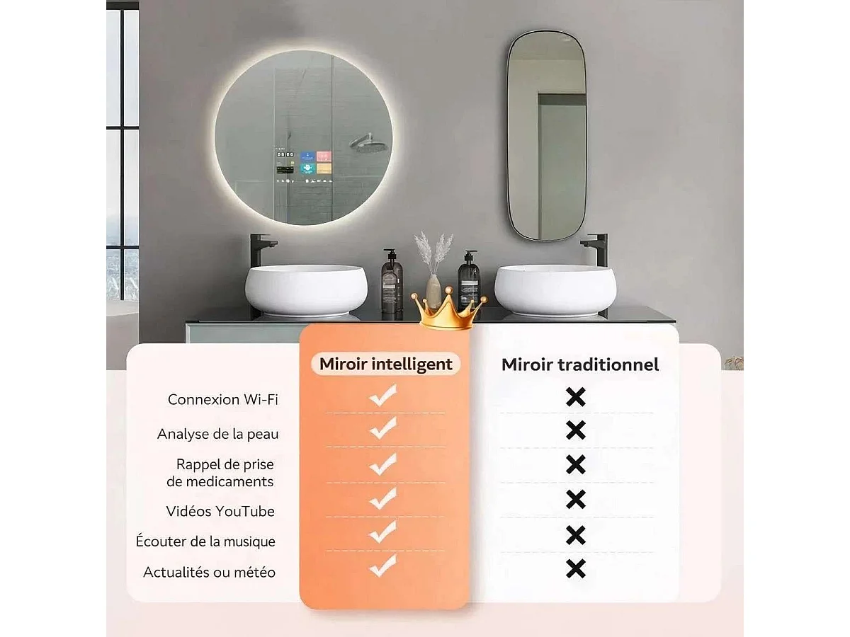 Miroir lumineux connecté Ø60 cm, Angel