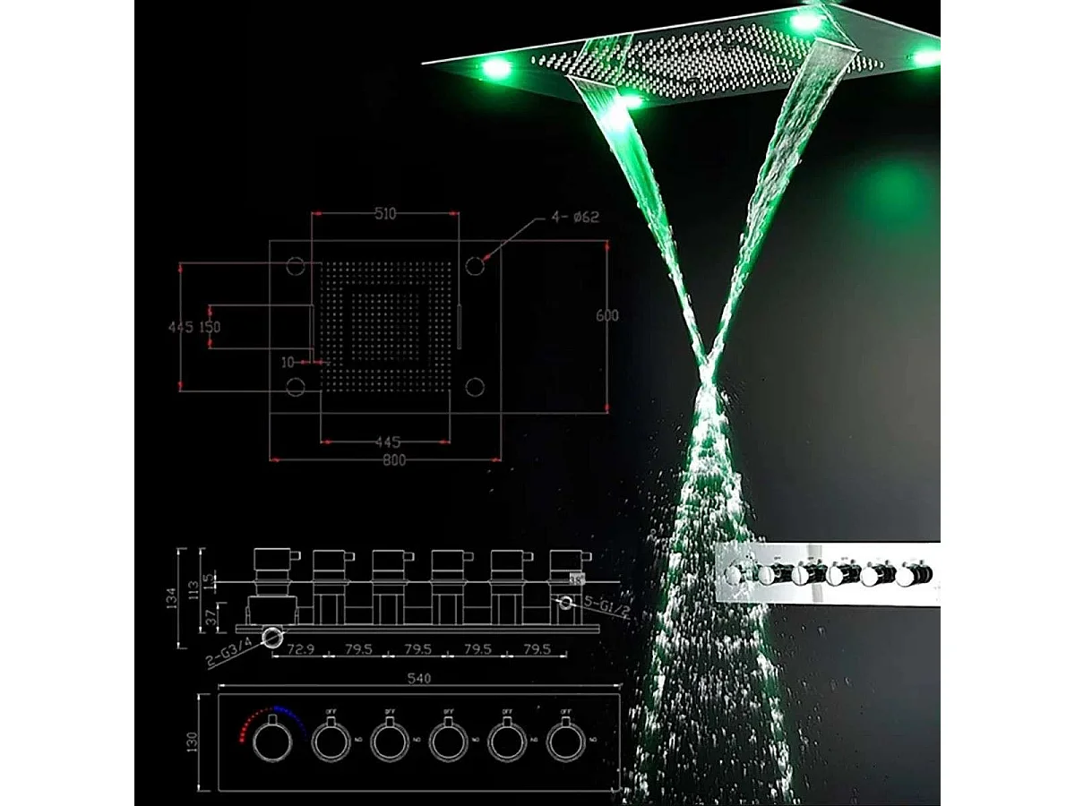 Chuveiro Luxuoso de Chuva 800 x 600 mm com Música Bluetooth LED | Torpedo