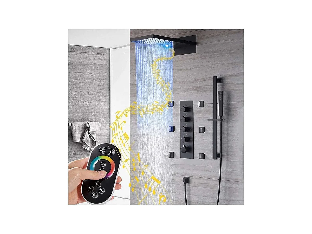 Bluetooth Thermostatisches Mattschwarzes Wandmontiertes Duschsystem mit 6 Körpermassagejets - Vasil