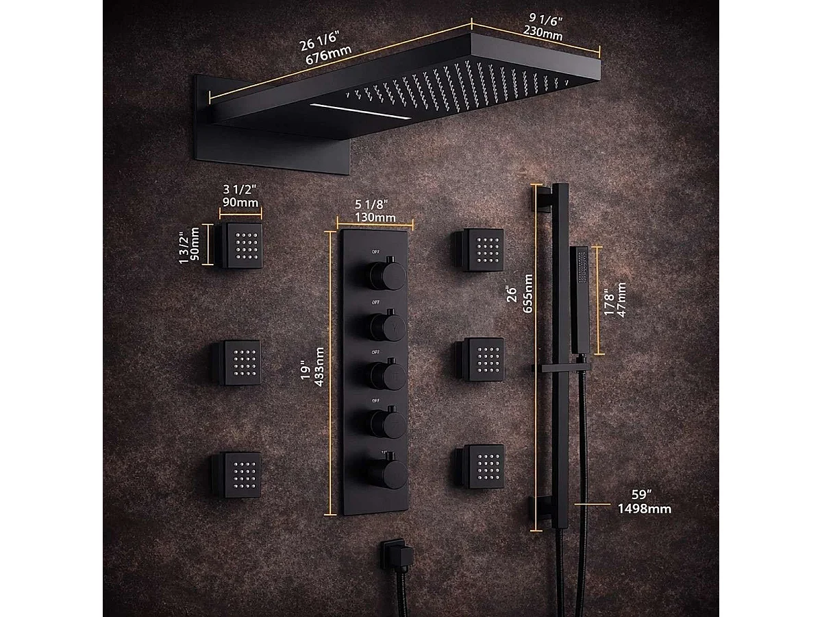 Sistema de Duche Termostático Preto Fosco Montado na Parede com Bluetooth e 6 Jatos de Massagem Corporal - Vasil