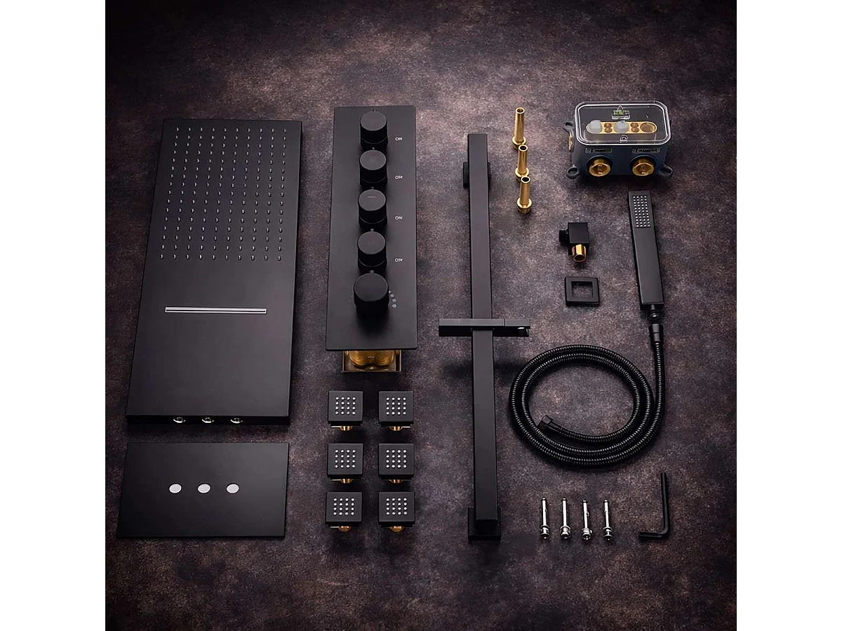 Sistema de Duche Termostático Preto Fosco Montado na Parede com Bluetooth e 6 Jatos de Massagem Corporal - Vasil
