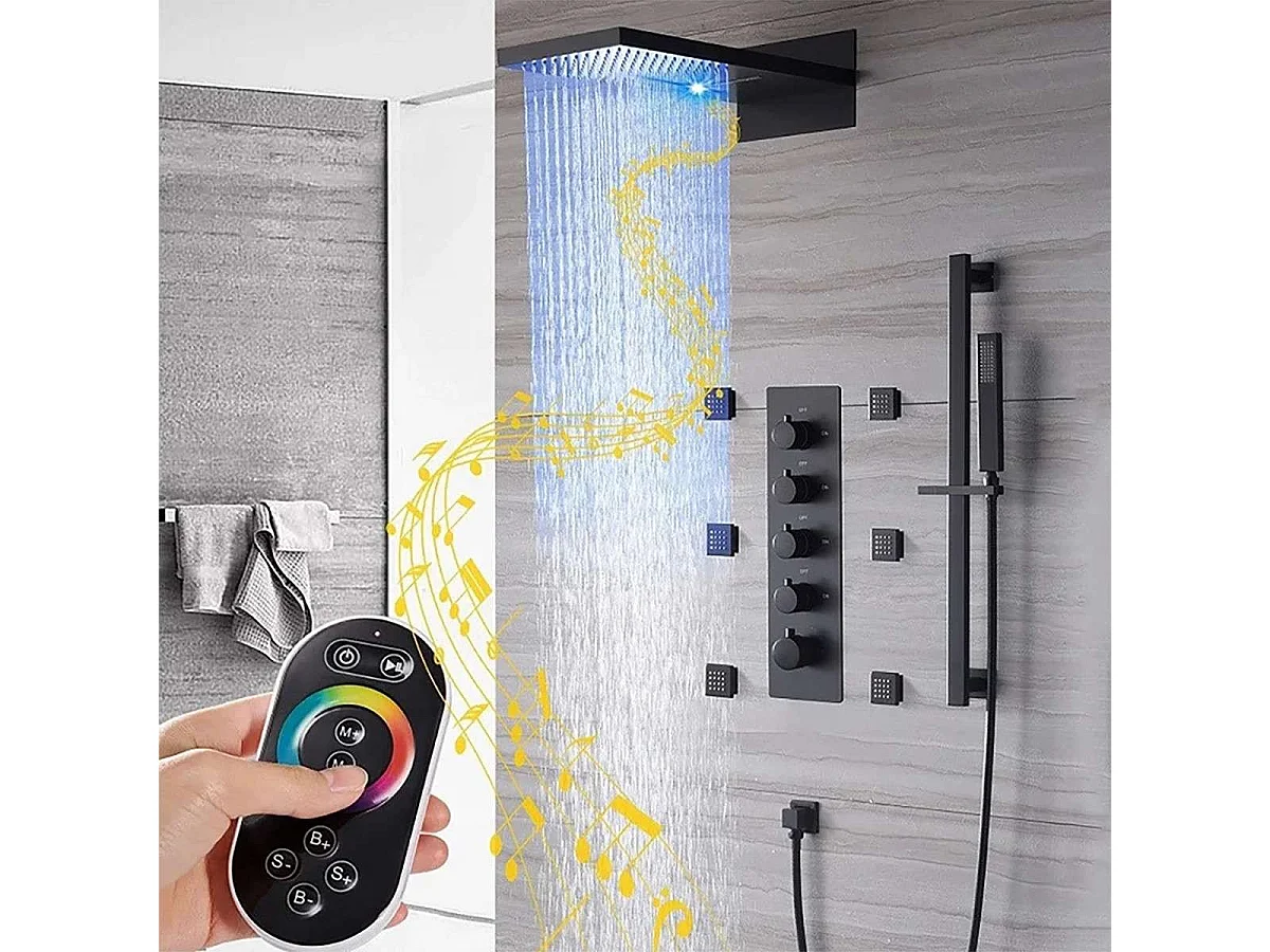 Sistema de Duche Termostático Preto Fosco Montado na Parede com Bluetooth e 6 Jatos de Massagem Corporal - Vasil