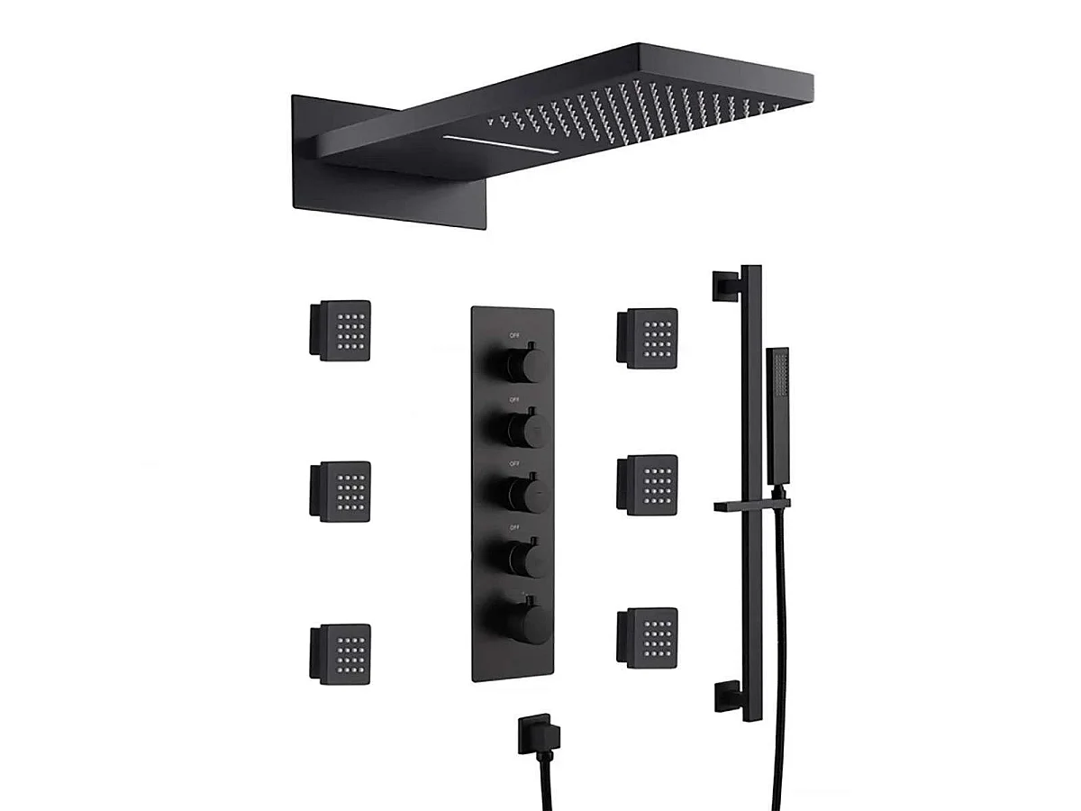 Sistema de Duche Termostático Preto Fosco Montado na Parede com Bluetooth e 6 Jatos de Massagem Corporal - Vasil