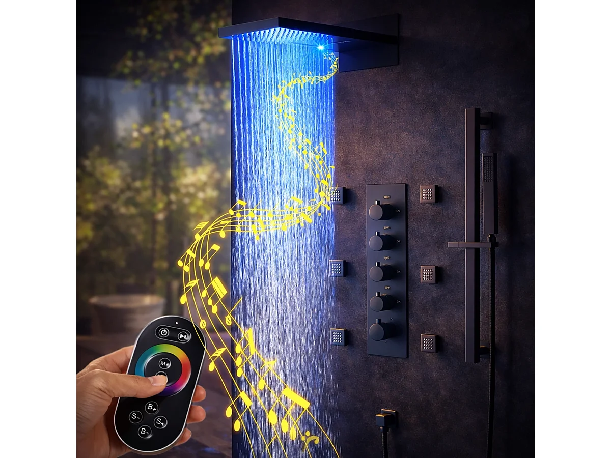 Sistema de Duche Termostático Preto Fosco Montado na Parede com Bluetooth e 6 Jatos de Massagem Corporal - Vasil