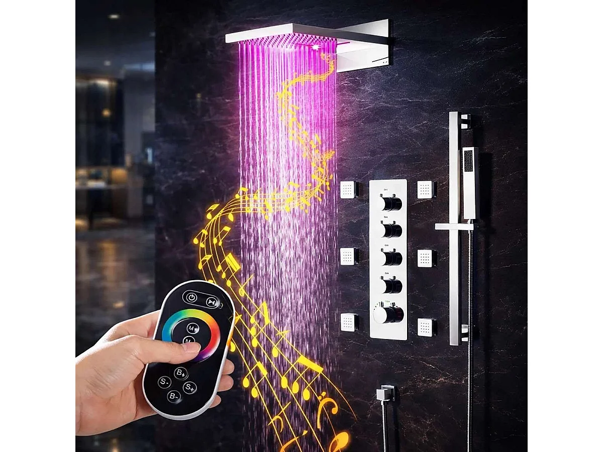 Modernes verchromtes verdecktes Thermostat-Duschsystem mit Bluetooth-Musiksteuerung und 6 Massagedüsen