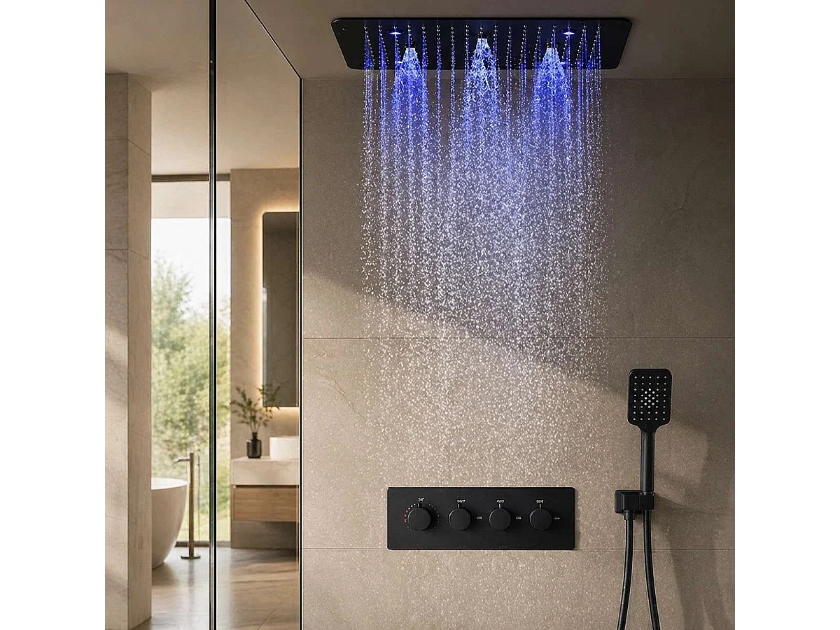 Sistema de Chuveiro Preto Fosco Moderno com Cabeça Termostática LED 500 x 500 mm