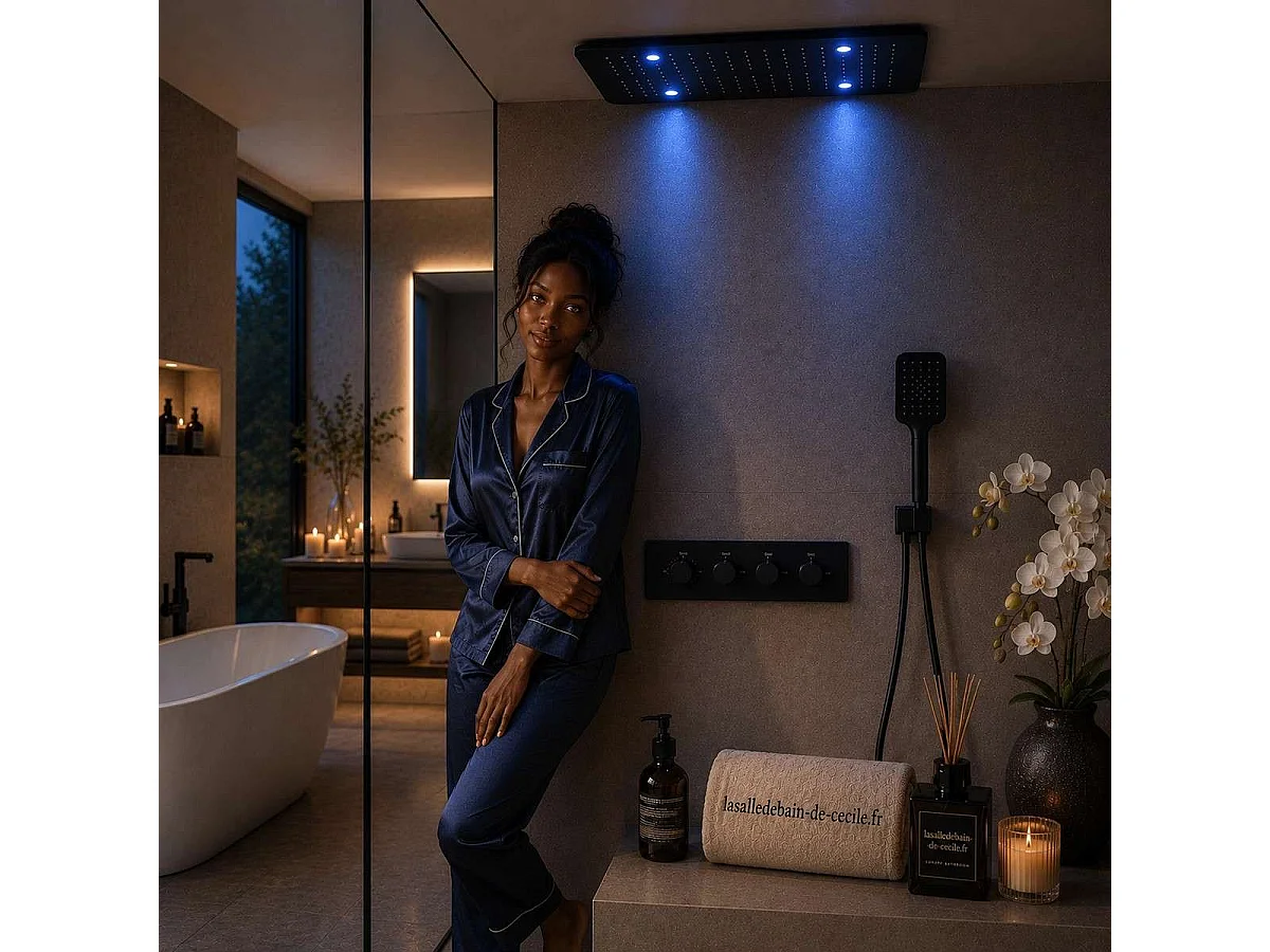 Sistema de Chuveiro Preto Fosco Moderno com Cabeça Termostática LED 500 x 500 mm