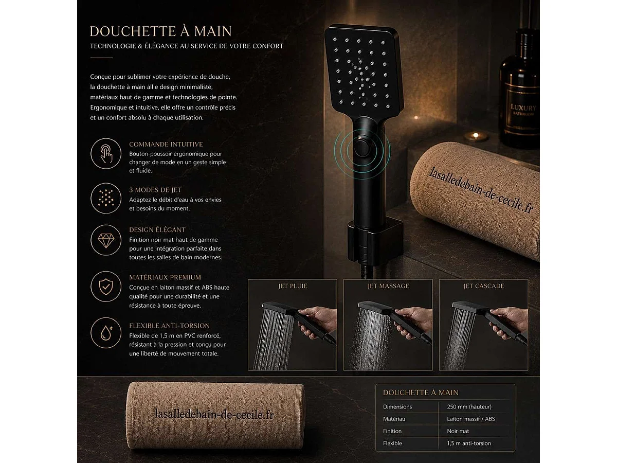 Sistema de Chuveiro Preto Fosco Moderno com Cabeça Termostática LED 500 x 500 mm