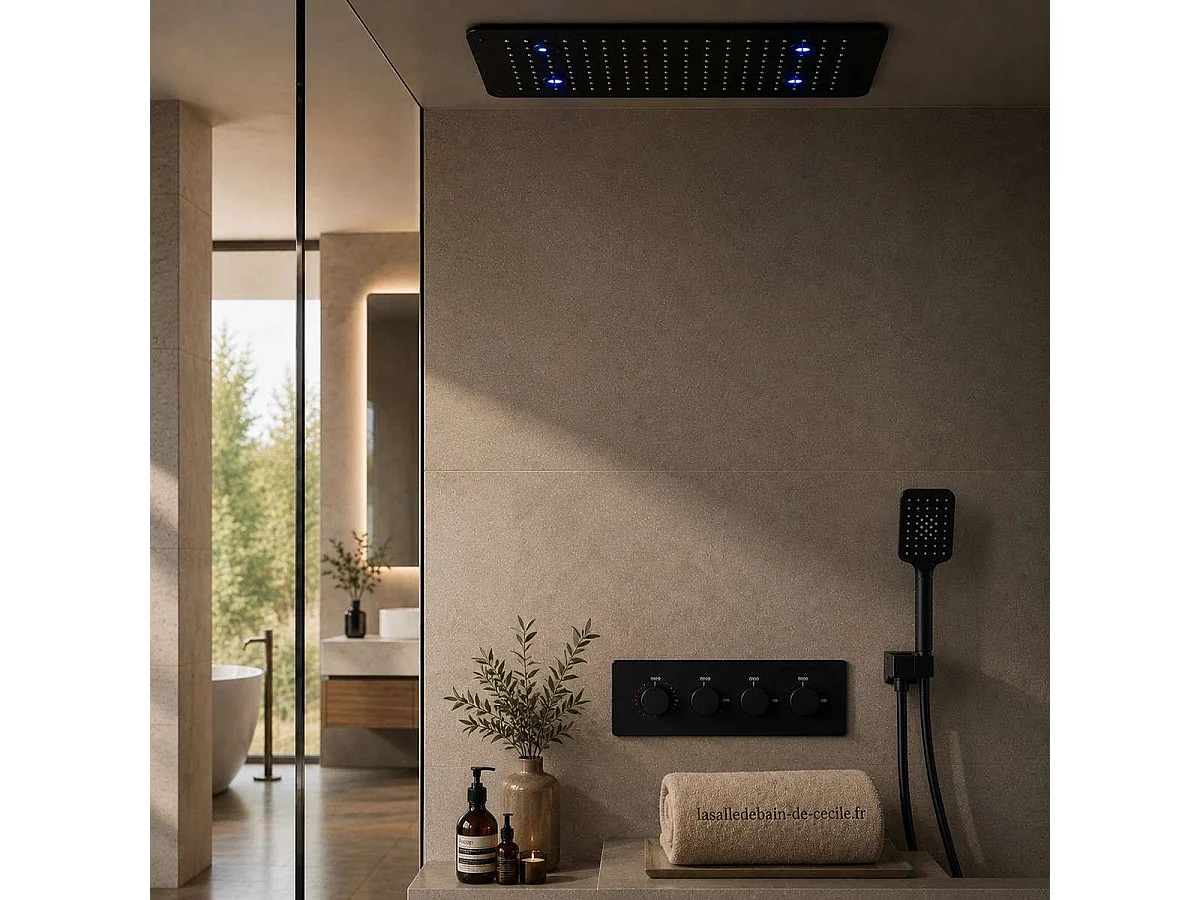 Sistema de Chuveiro Preto Fosco Moderno com Cabeça Termostática LED 500 x 500 mm