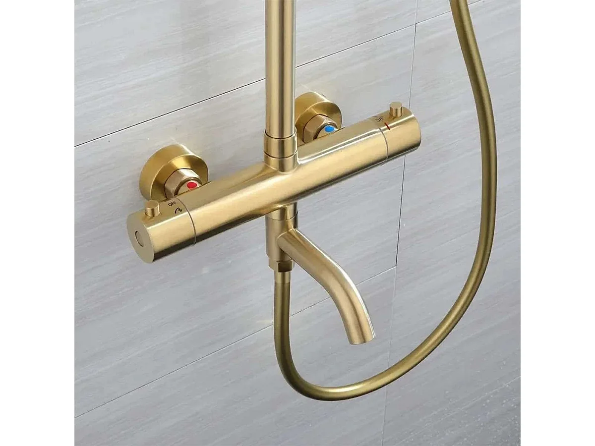 Columna de Ducha Termostática Ebar en Oro Cepillado | Altura Ajustable | Cabezal de Ducha de Lluvia