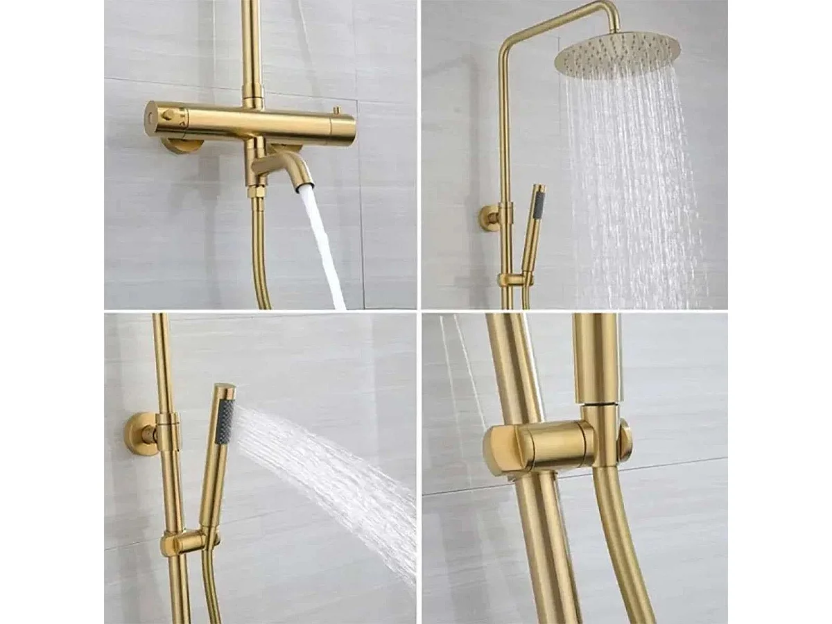 Columna de Ducha Termostática Ebar en Oro Cepillado | Altura Ajustable | Cabezal de Ducha de Lluvia