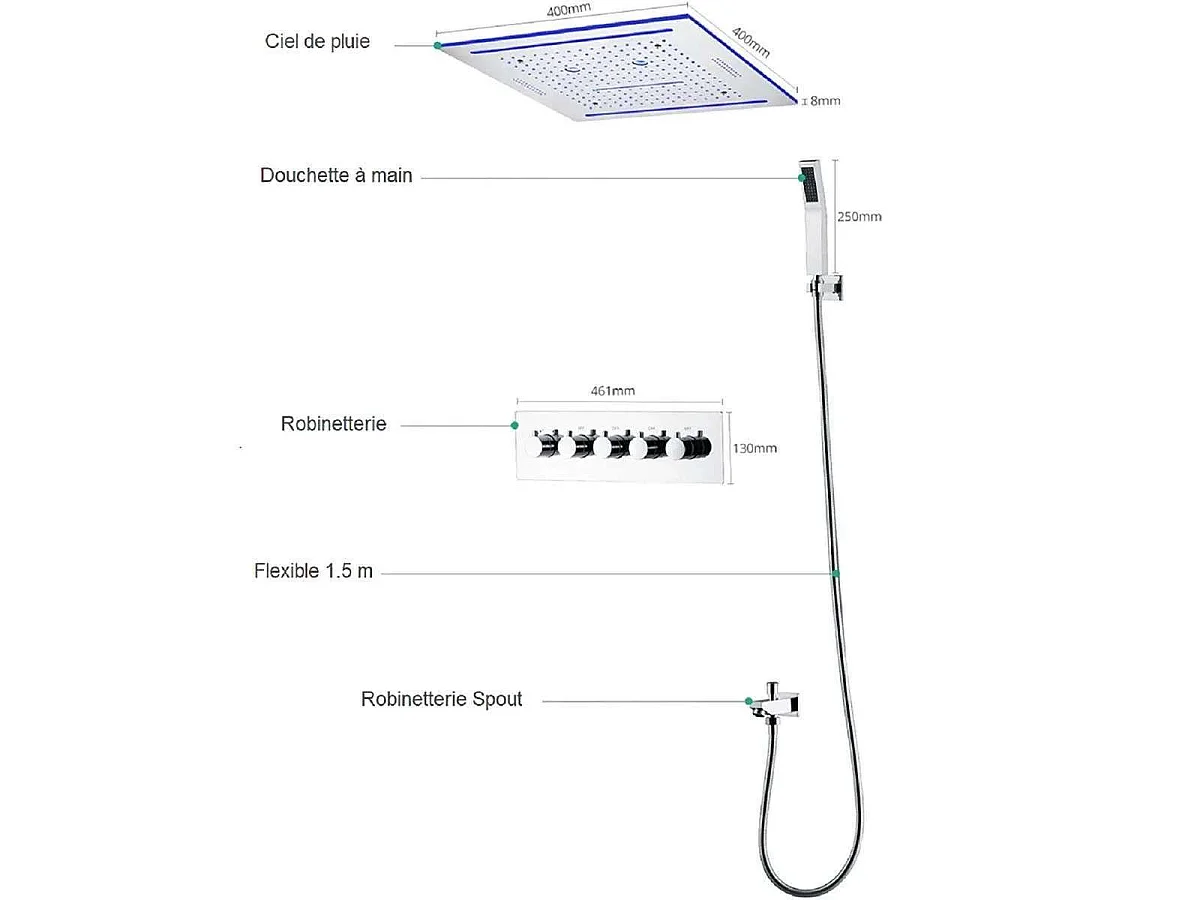 Luxuriöser Bluetooth-Musikregenduschkopf 400 x 400 mm, Verchromt - Replay