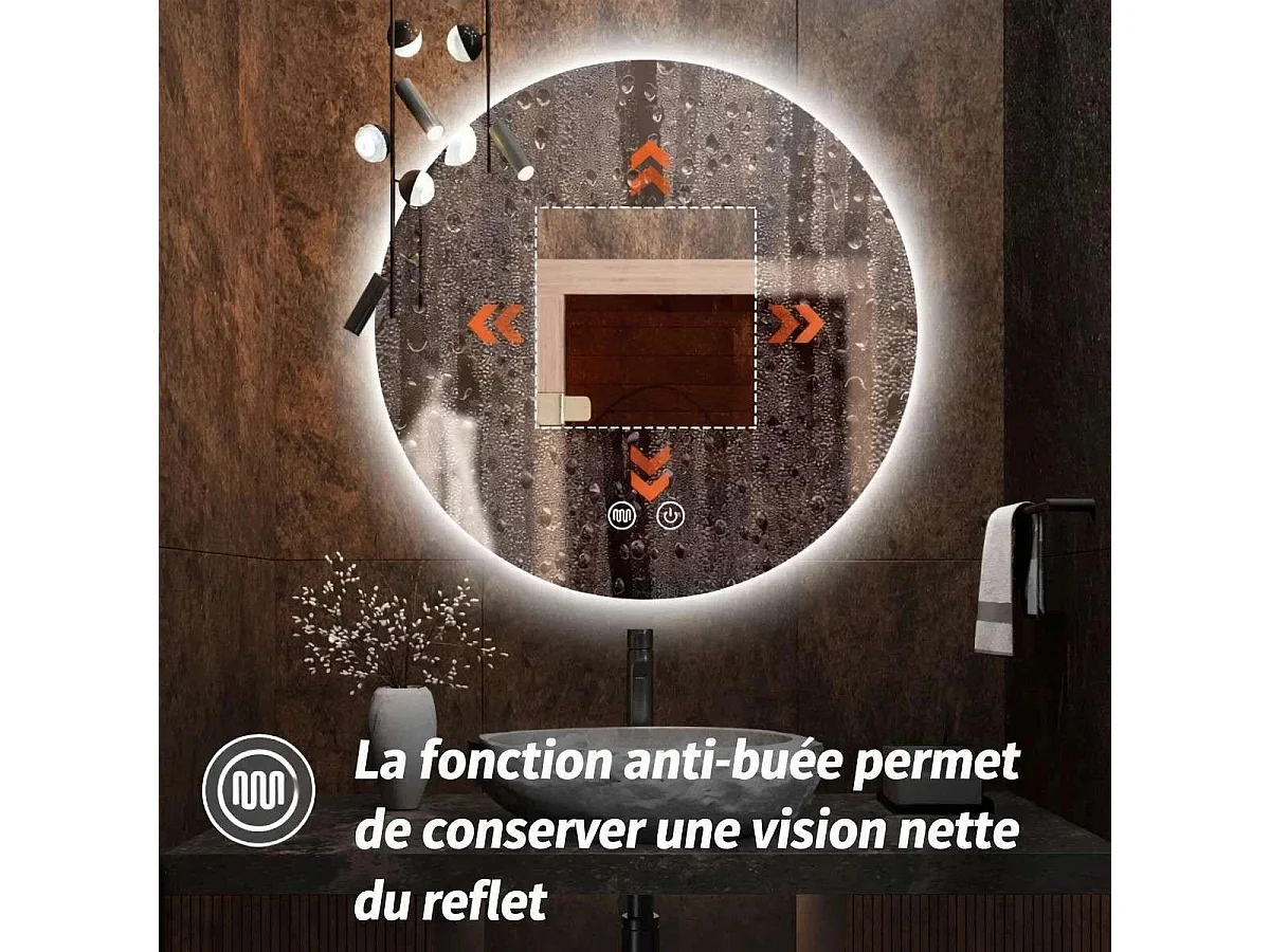 Miroir Ø60 cm lumineux, led antibuée, Rique