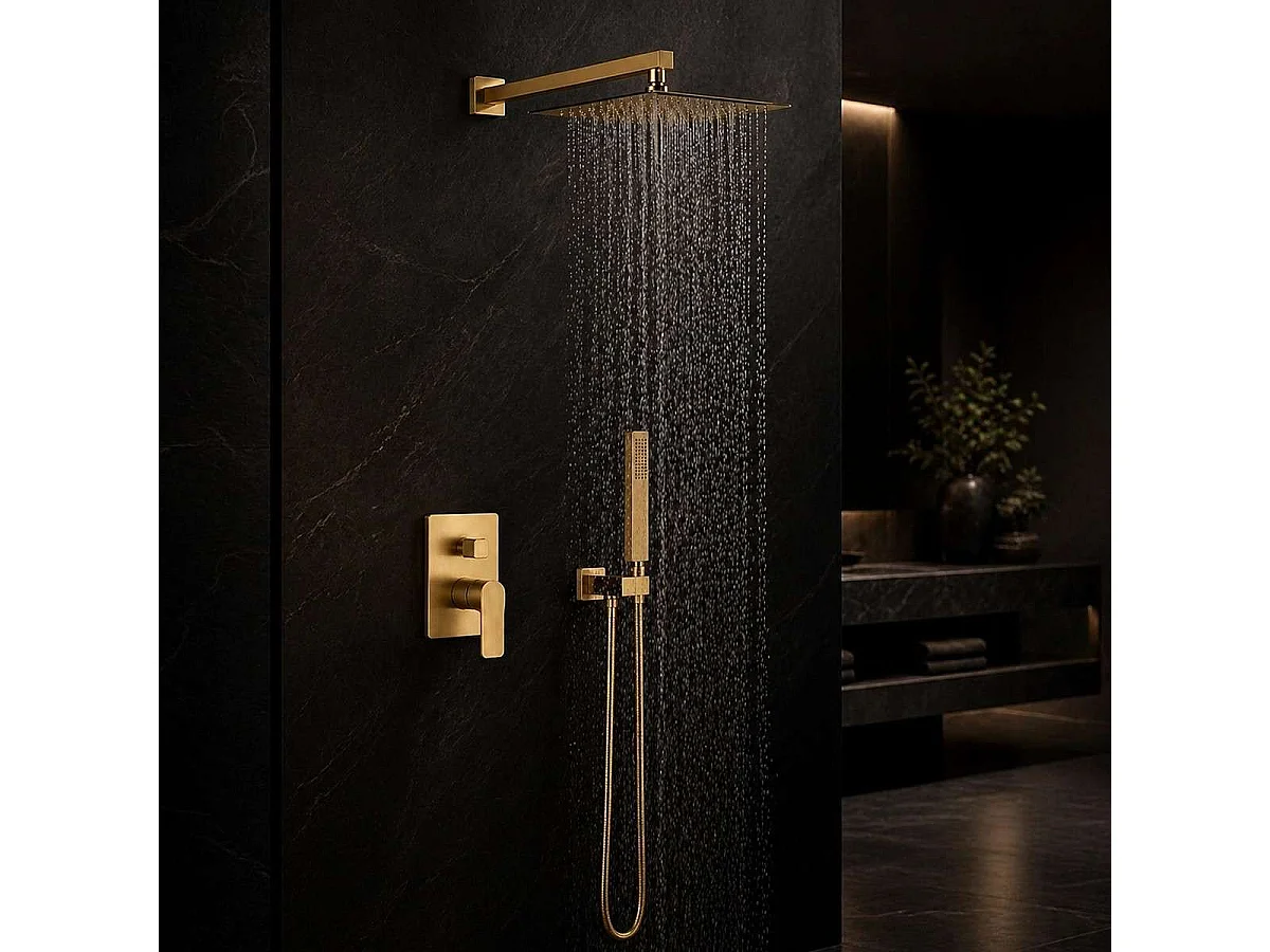 Alcor Chuveiro de Teto Dourado 250 x 250 mm com Misturador Termostático e Luzes LED