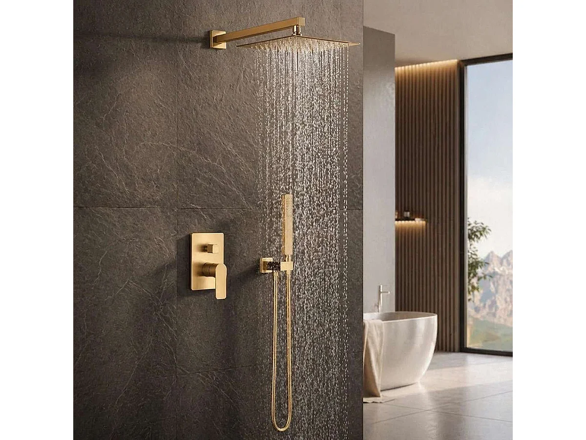 Alcor Chuveiro de Teto Dourado 250 x 250 mm com Misturador Termostático e Luzes LED