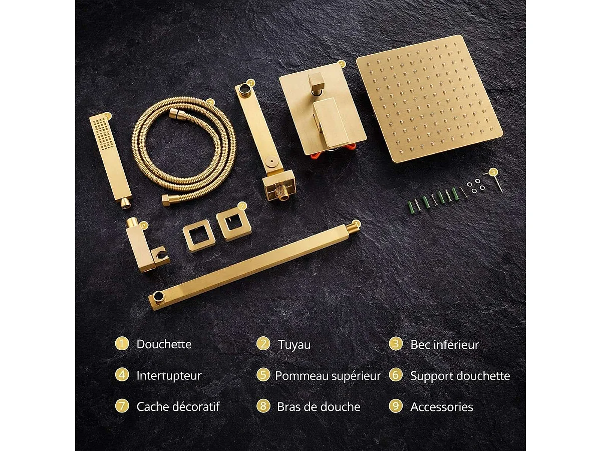 Alcor Chuveiro de Teto Dourado 250 x 250 mm com Misturador Termostático e Luzes LED