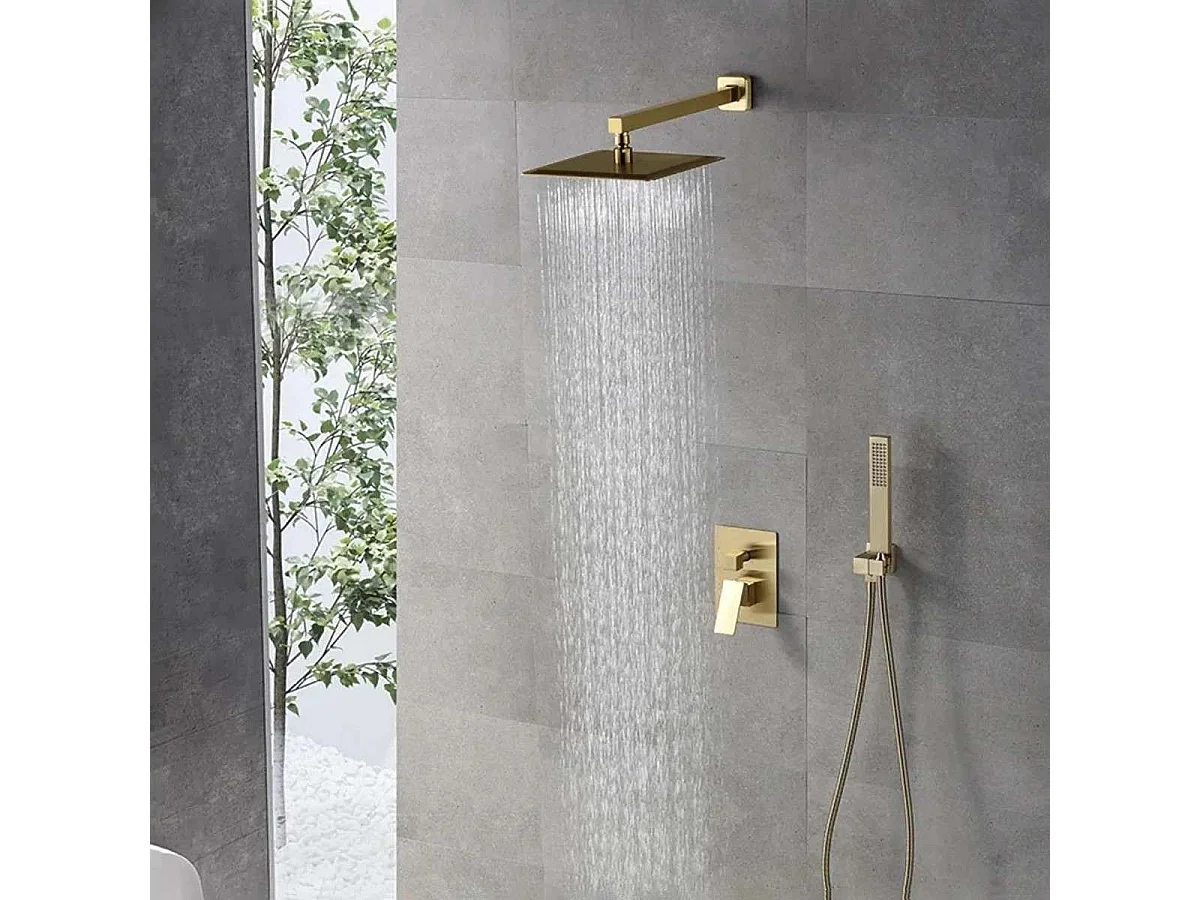 Alcor Chuveiro de Teto Dourado 250 x 250 mm com Misturador Termostático e Luzes LED