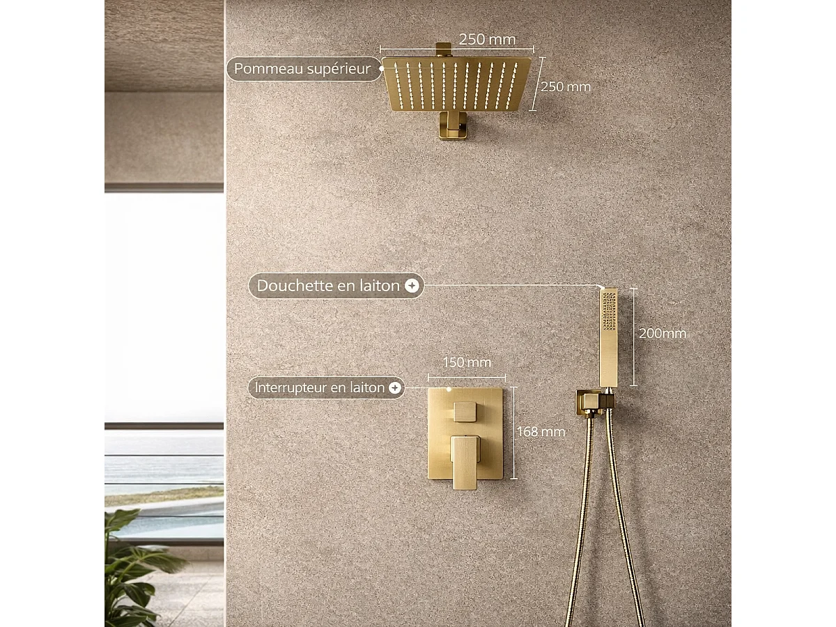 Alcor Chuveiro de Teto Dourado 250 x 250 mm com Misturador Termostático e Luzes LED