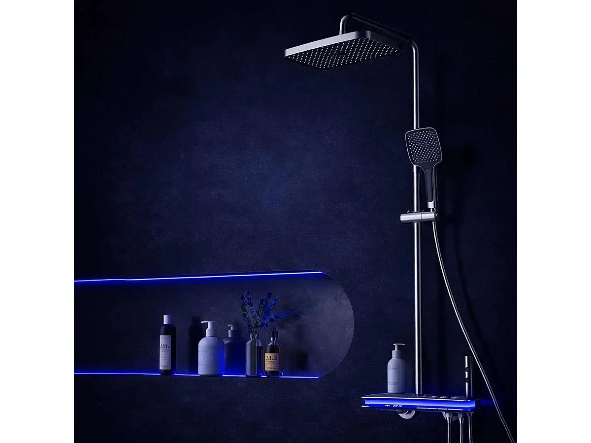 Colonna Doccia Termostatica Moderna in Antracite con Illuminazione a LED e 2 Teste Doccia