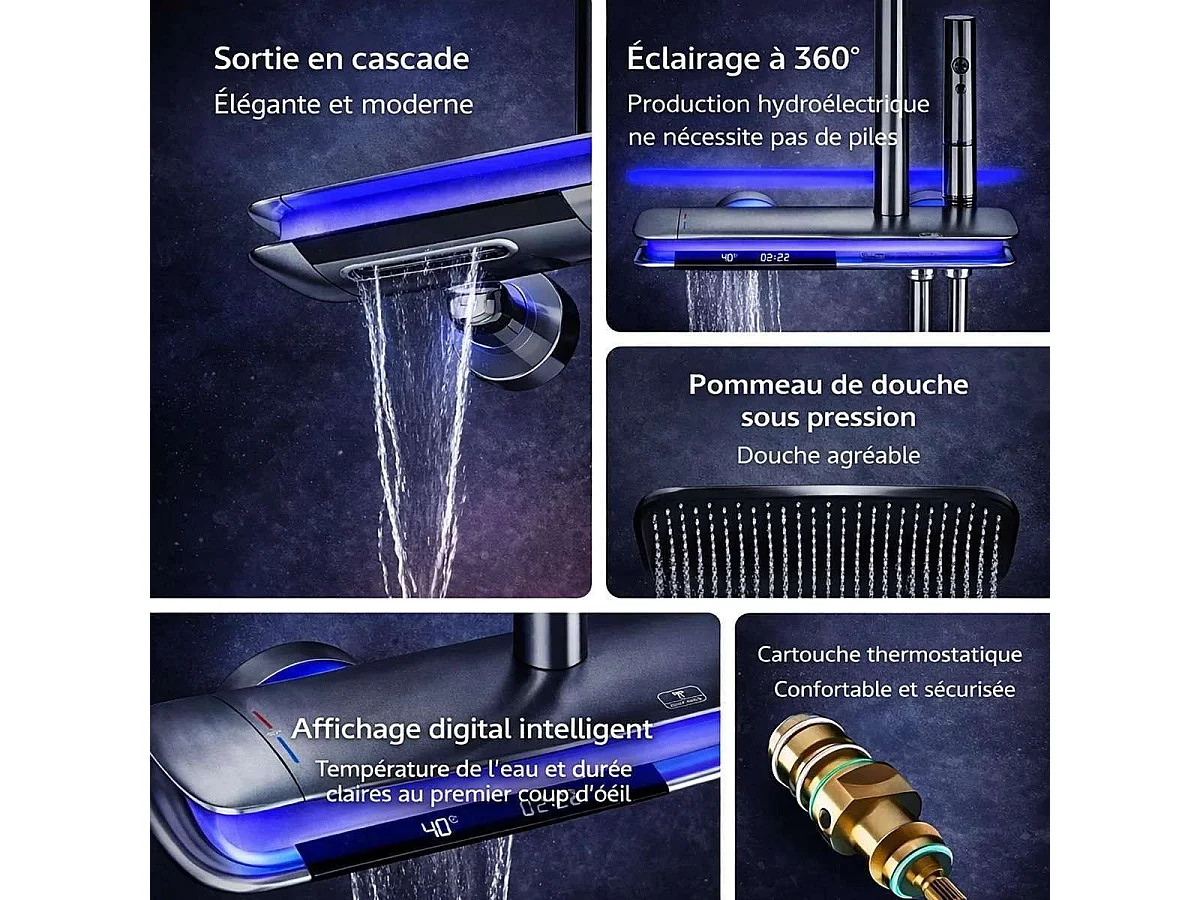 Colonna Doccia Termostatica Moderna in Antracite con Illuminazione a LED e 2 Teste Doccia