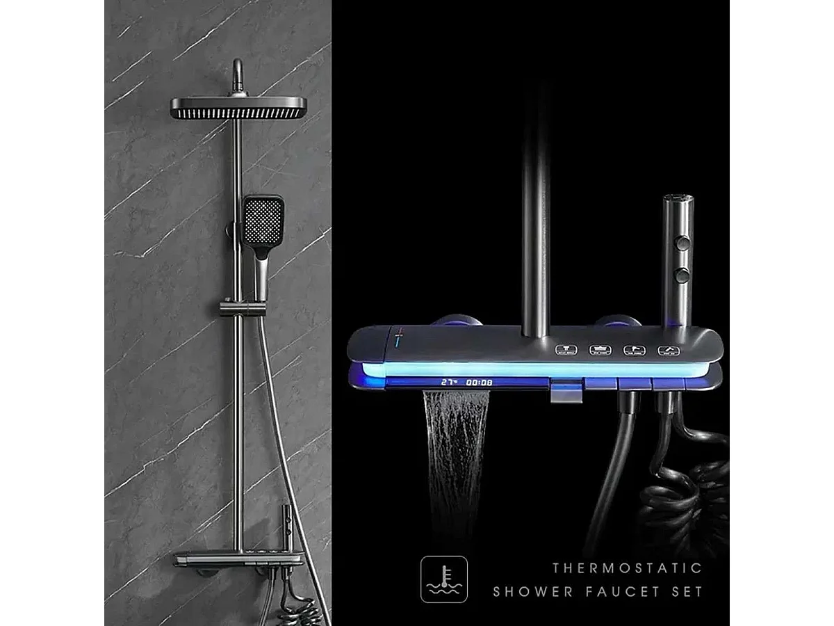 Colonna Doccia Termostatica Moderna in Antracite con Illuminazione a LED e 2 Teste Doccia