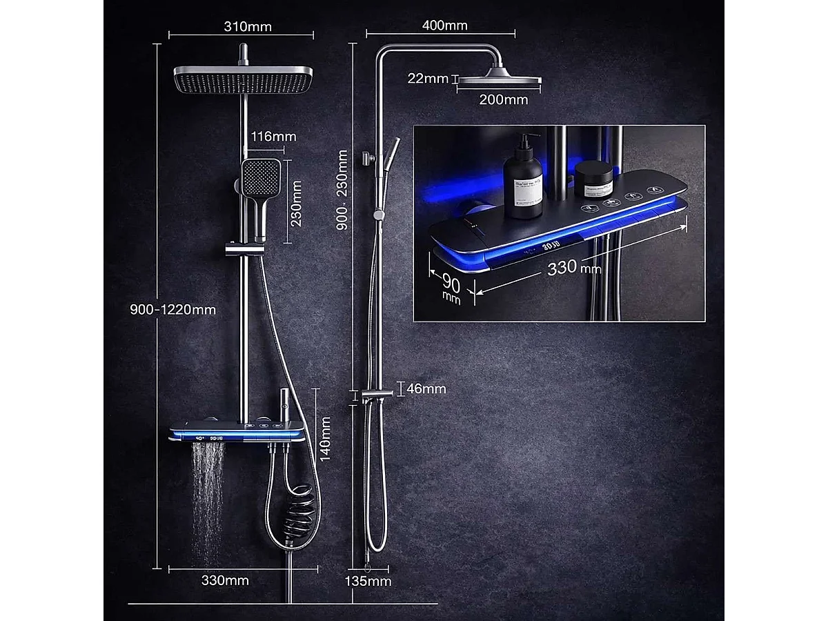Colonna Doccia Termostatica Moderna in Antracite con Illuminazione a LED e 2 Teste Doccia
